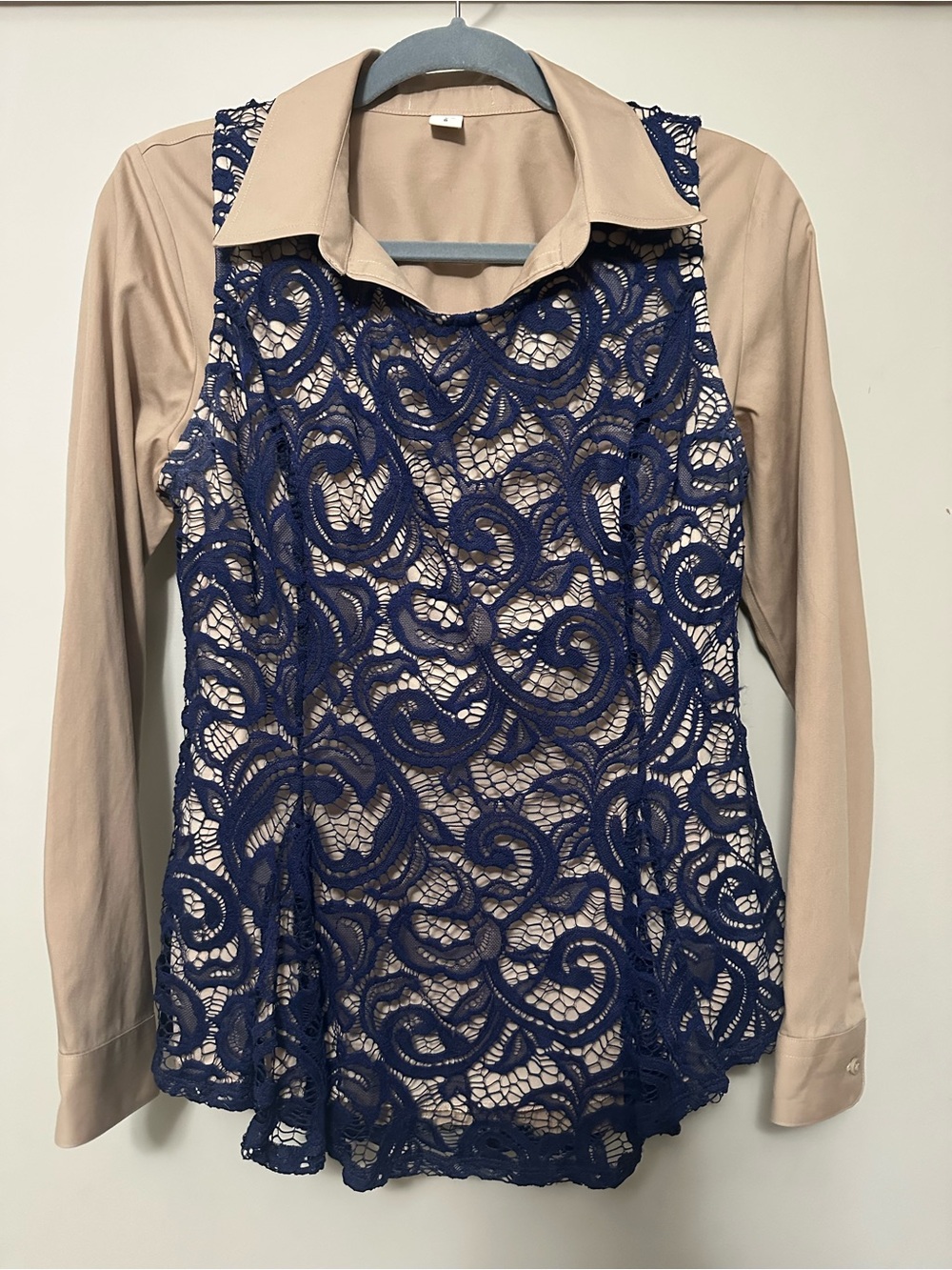 Tan Western Show Shirt with Navy Lace Overlay